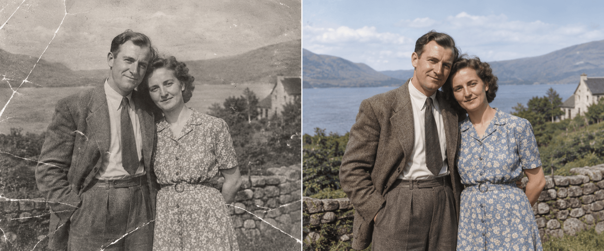 Before and after example of a damaged black-and-white portrait restored and colorized